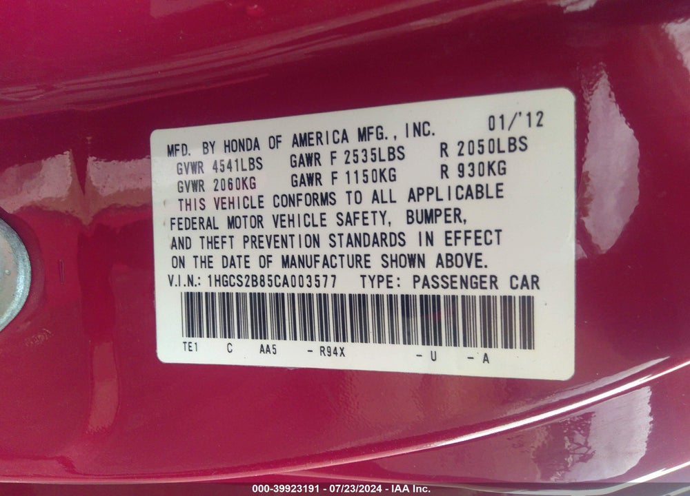 2012 HONDA ACCORD 3.5 EX-L VIN: 1HGCS2B85CA003577