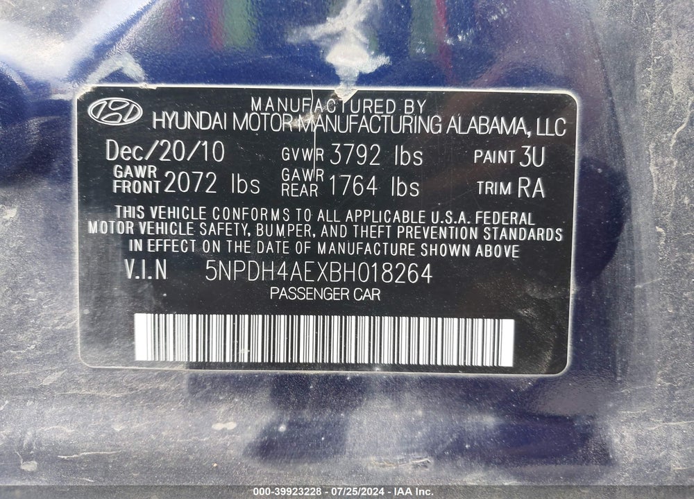 2011 HYUNDAI ELANTRA GLS VIN: 5NPDH4AEXBH018264