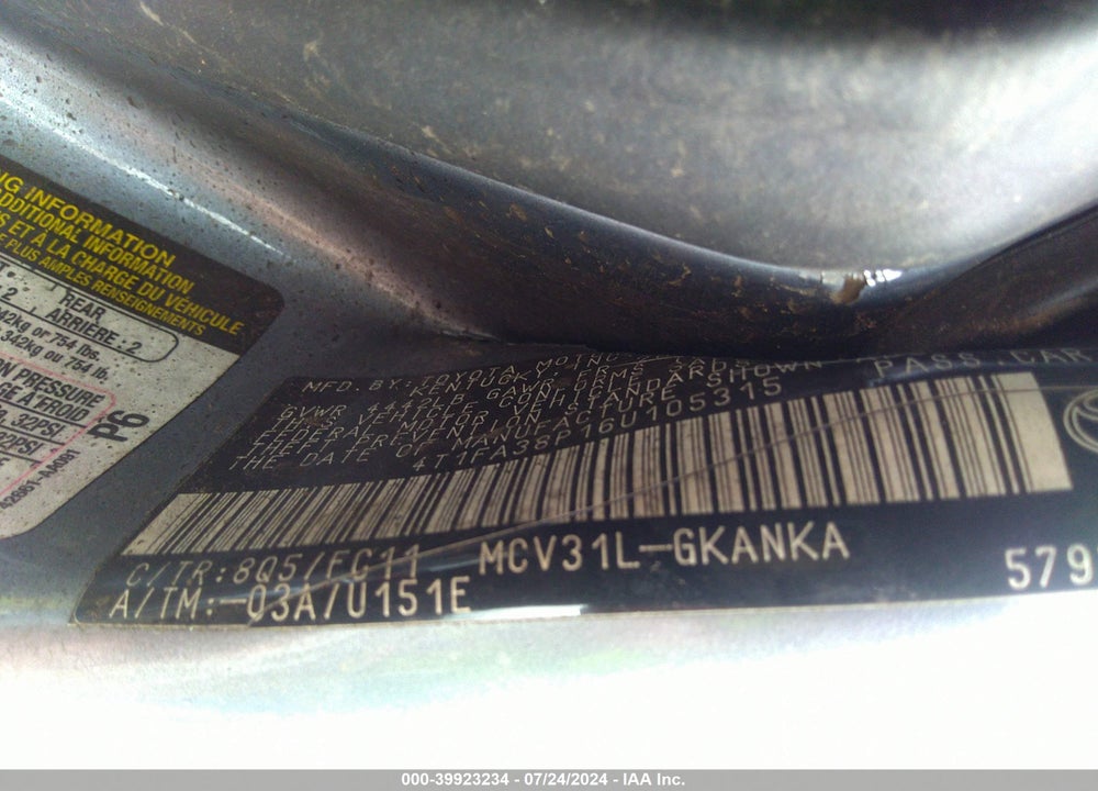 2006 TOYOTA CAMRY SOLARA VIN: 4T1FA38P16U105315