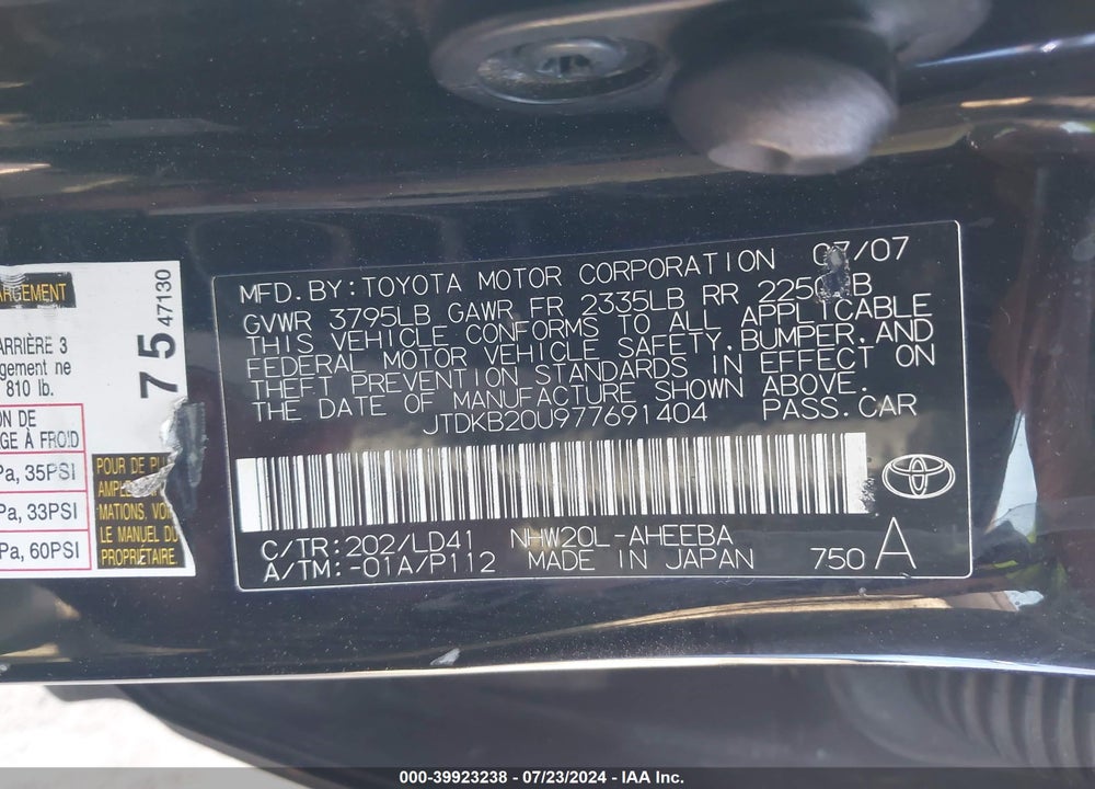 2007 TOYOTA PRIUS VIN: JTDKB20U977691404