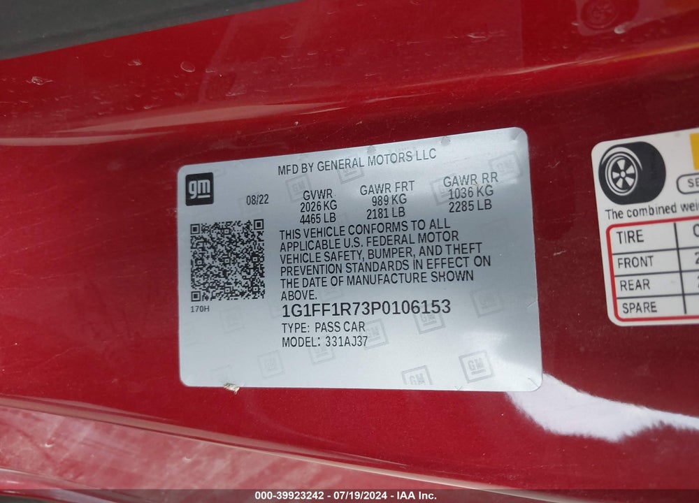 2023 CHEVROLET CAMARO RWD LT1 VIN: 1G1FF1R73P0106153