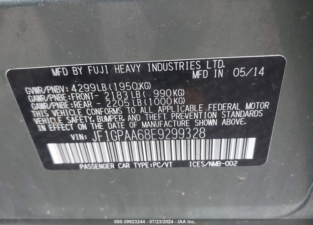 2014 SUBARU IMPREZA 2.0I VIN: JF1GPAA68E9299328