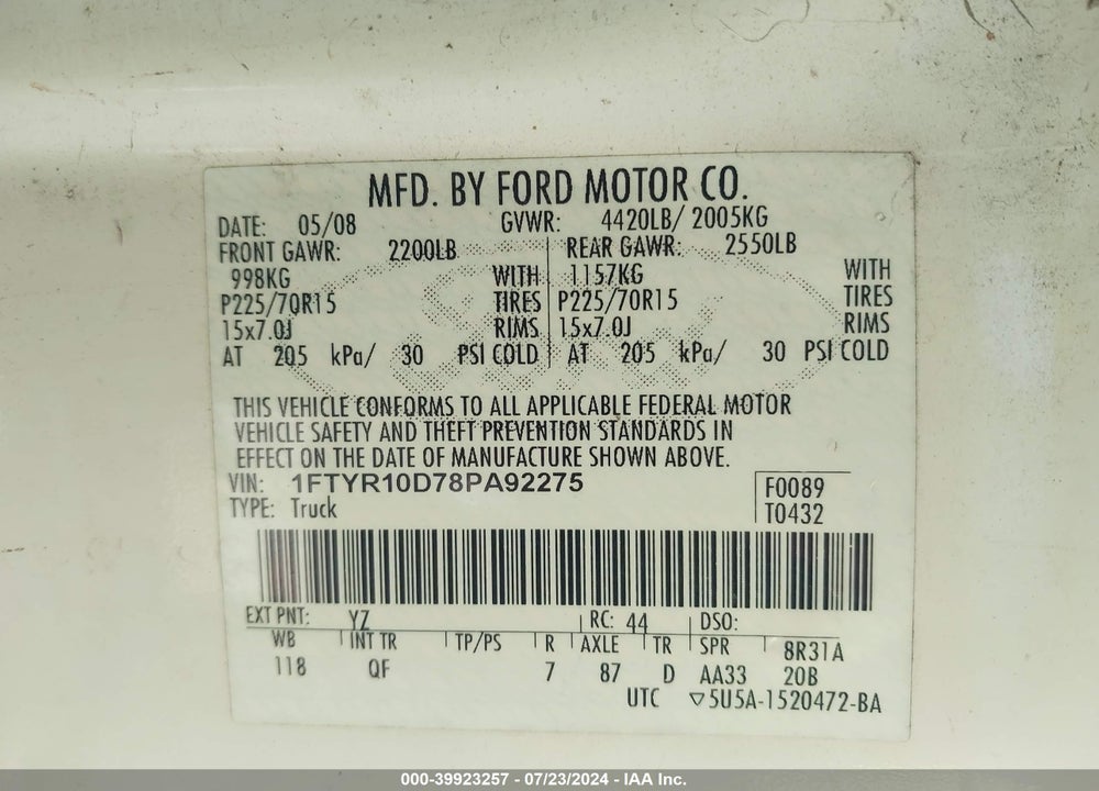 2008 FORD RANGER XL/XLT VIN: 1FTYR10D78PA92275