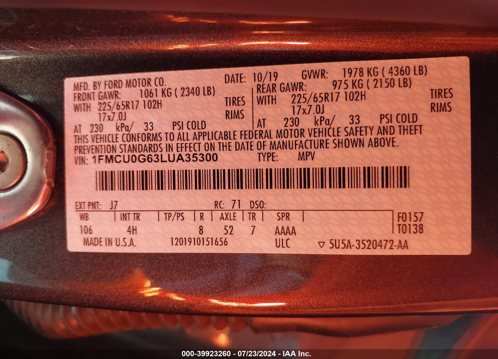 2020 FORD ESCAPE SE VIN: 1FMCU0G63LUA35300