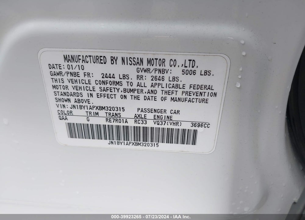 2011 INFINITI M37 VIN: JN1BY1APXBM320315