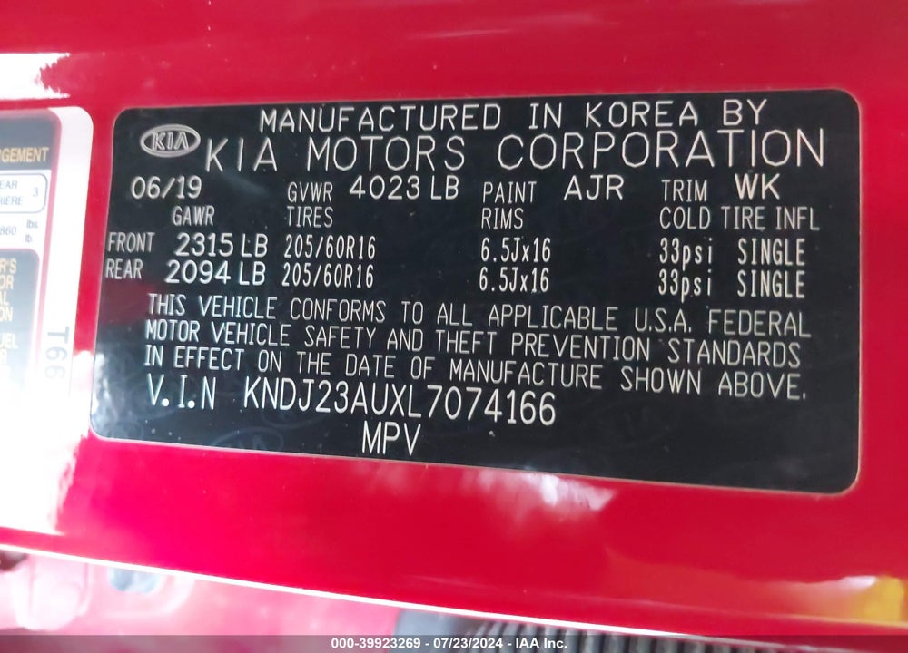 2020 KIA SOUL !/+/S VIN: KNDJ23AUXL7074166