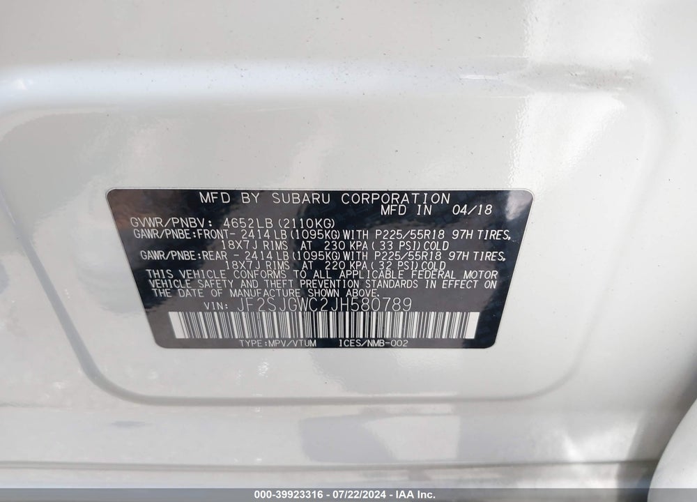 2018 SUBARU FORESTER 2.0XT TOURING VIN: JF2SJGWC2JH580789