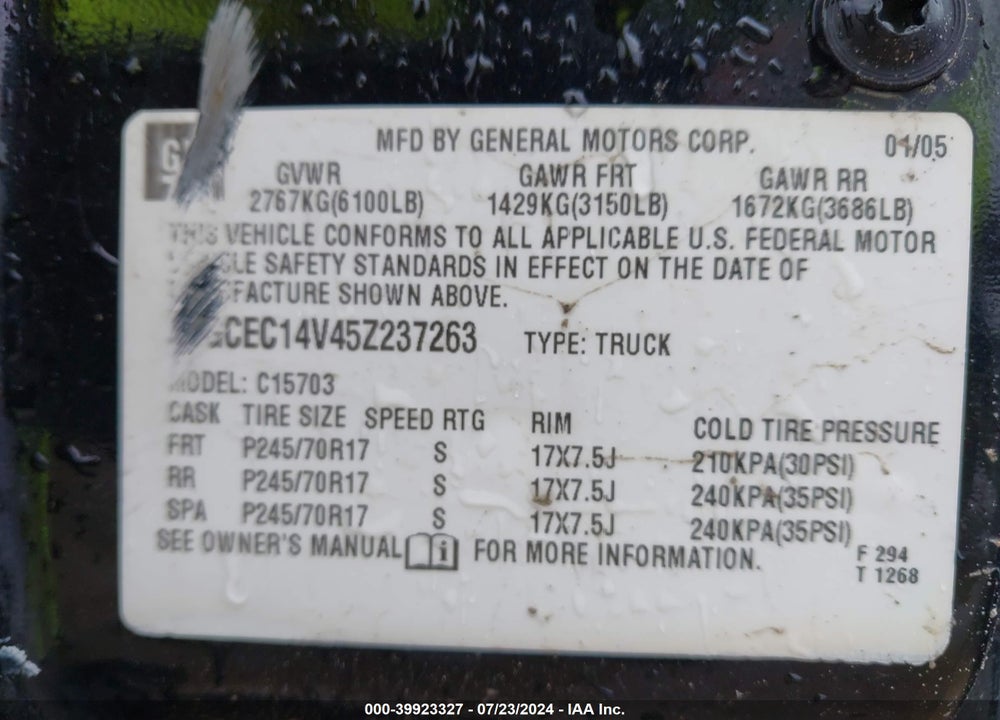 2005 CHEVROLET SILVERADO 1500 LS VIN: 1GCEC14V45Z237263