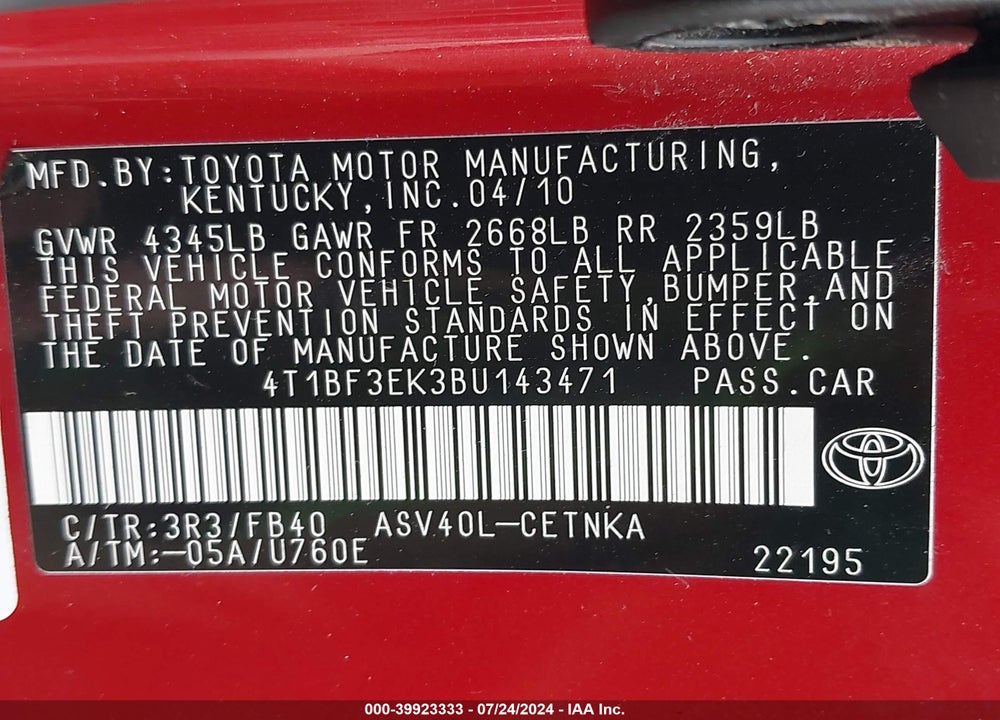 2011 TOYOTA CAMRY LE VIN: 4T1BF3EK3BU143471