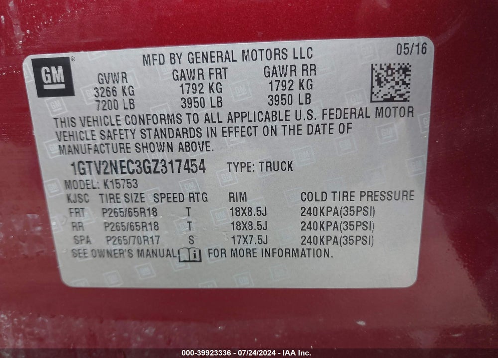 2016 GMC SIERRA 1500 SLT VIN: 1GTV2NEC3GZ317454