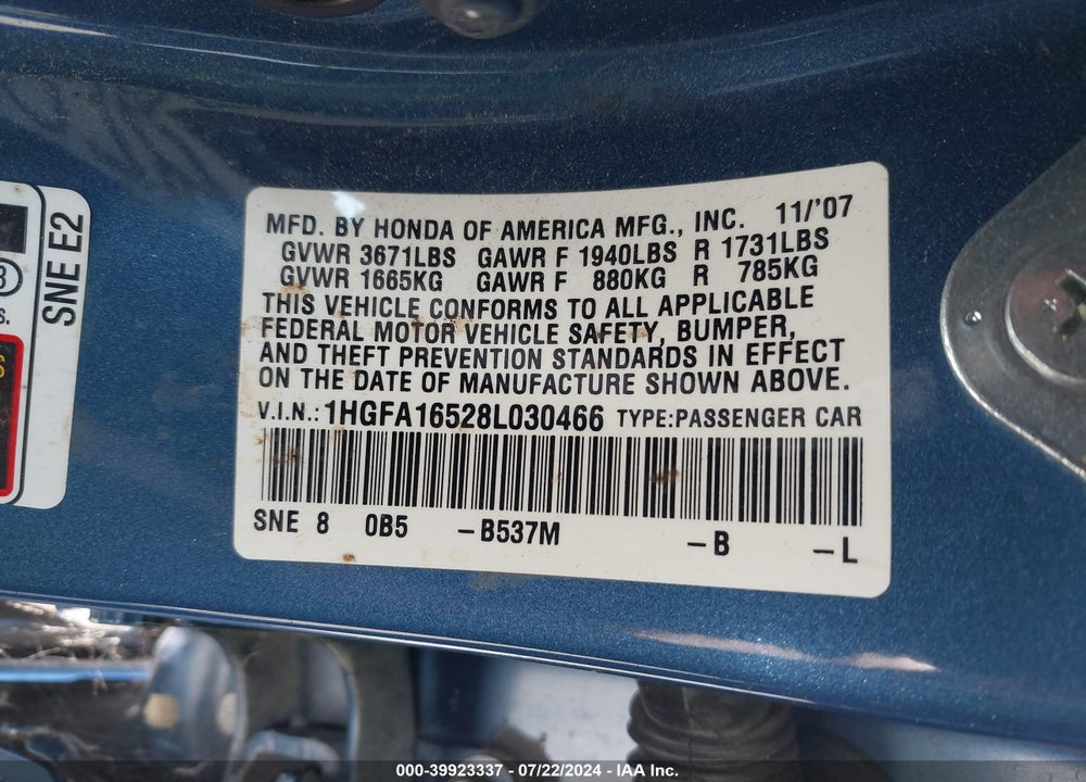 2008 HONDA CIVIC SDN VIN: 1HGFA16528L030466