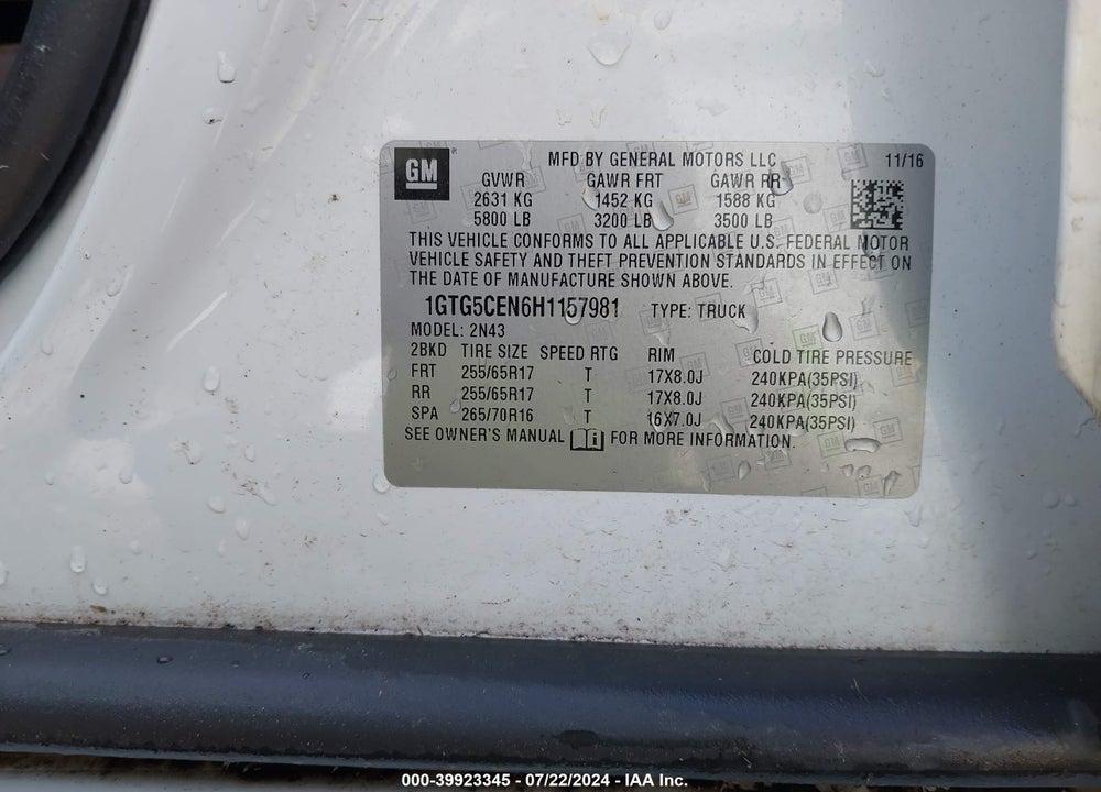 2017 GMC CANYON SLE VIN: 1GTG5CEN6H1157981