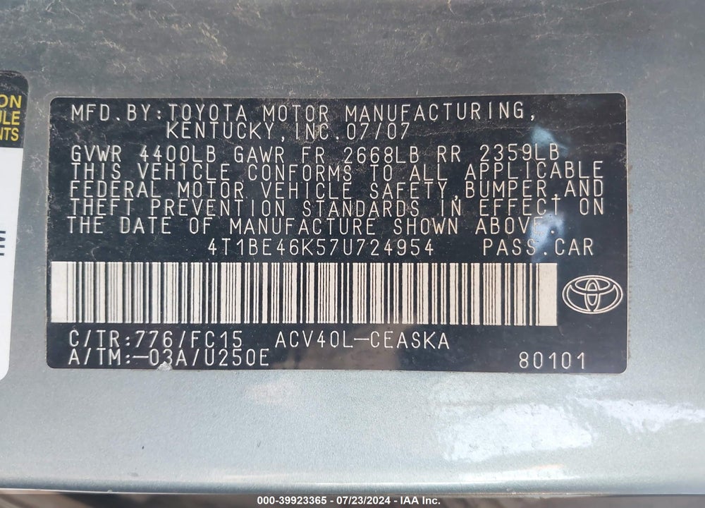 2007 TOYOTA CAMRY SE VIN: 4T1BE46K57U724954