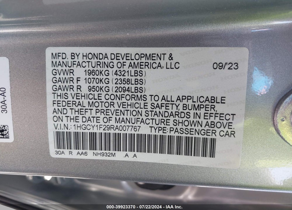 2024 HONDA ACCORD LX VIN: 1HGCY1F29RA007767