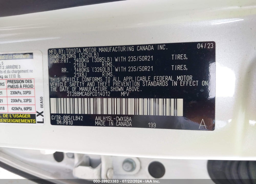 2023 LEXUS RX 350H VIN: 2T2BBMCA6PC014012