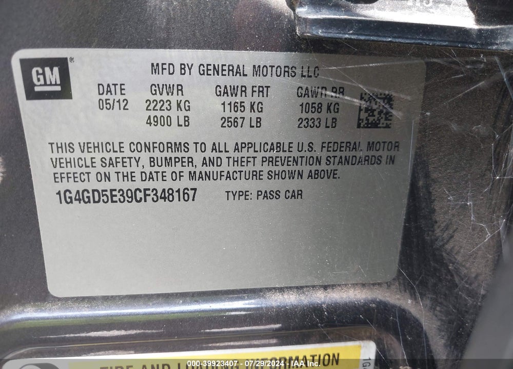 2012 BUICK LACROSSE PREMIUM 1 GROUP VIN: 1G4GD5E39CF348167