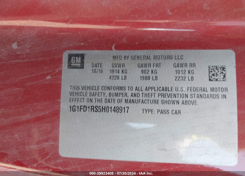 2017 CHEVROLET CAMARO 2LT VIN: 1G1FD1RS5H0148917