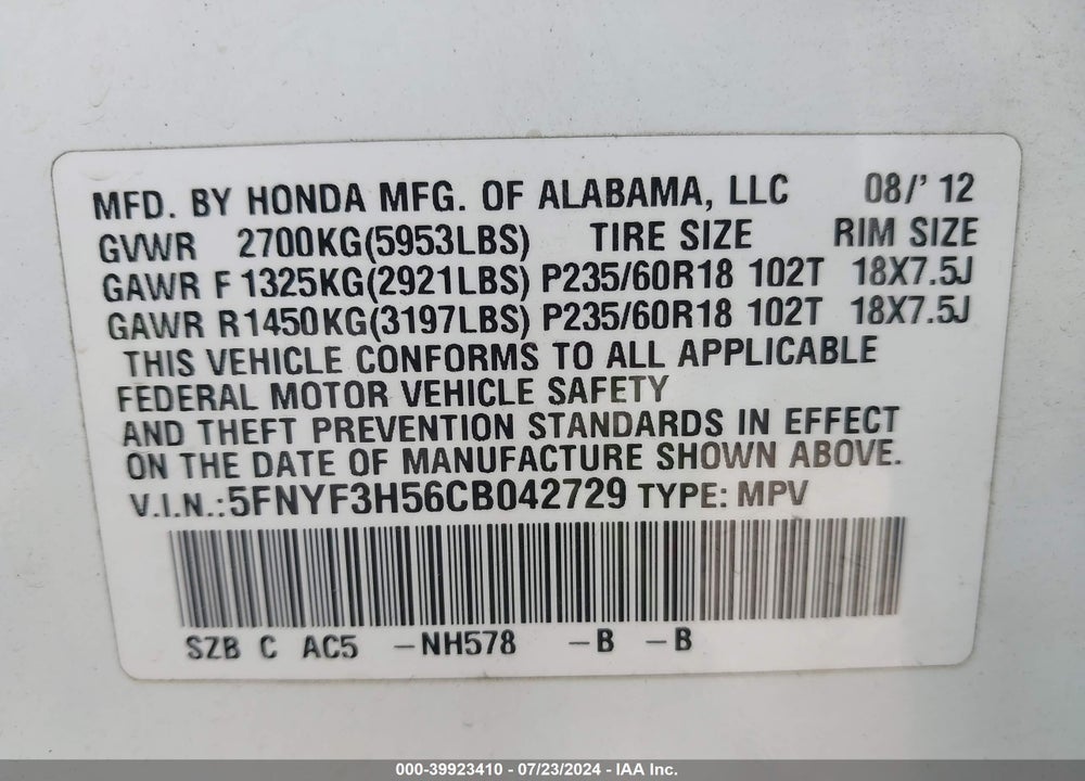 2012 HONDA PILOT EX-L VIN: 5FNYF3H56CB042729