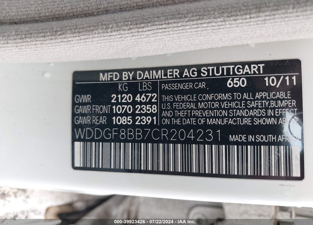 2012 MERCEDES-BENZ C 300 LUXURY 4MATIC/SPORT 4MATIC VIN: WDDGF8BB7CR204231