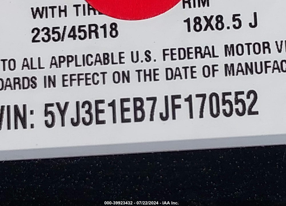 2018 TESLA MODEL 3 LONG RANGE/PERFORMANCE VIN: 5YJ3E1EB7JF170552