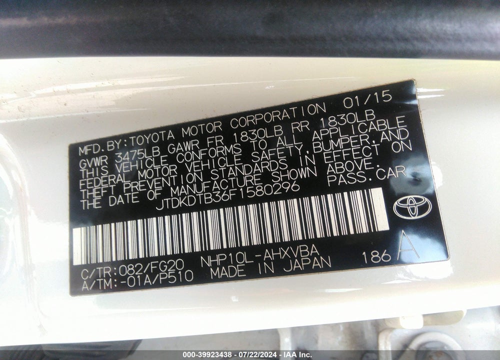 2015 TOYOTA PRIUS C TWO VIN: JTDKDTB36F1580296