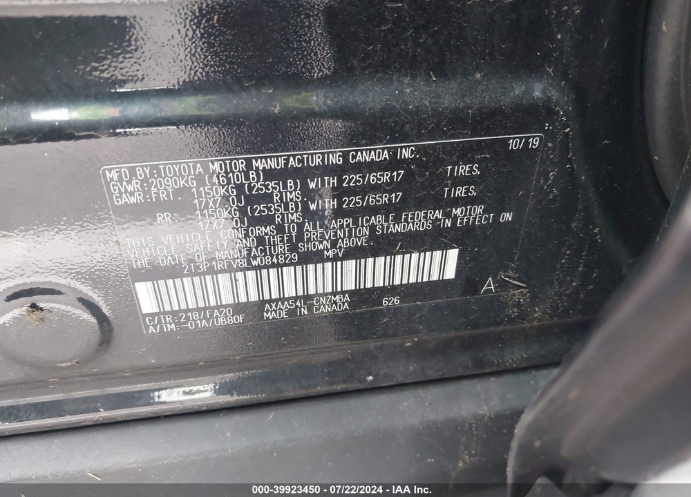 2020 TOYOTA RAV4 XLE VIN: 2T3P1RFV8LW084829