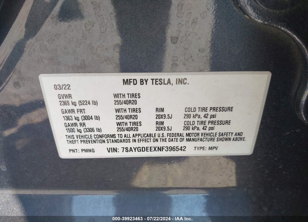 2022 TESLA MODEL Y LONG RANGE DUAL MOTOR ALL-WHEEL DRIVE VIN: 7SAYGDEEXNF396542