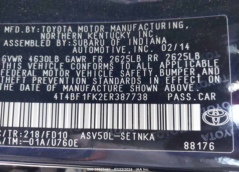 2014 TOYOTA CAMRY LE VIN: 4T4BF1FK2ER387738
