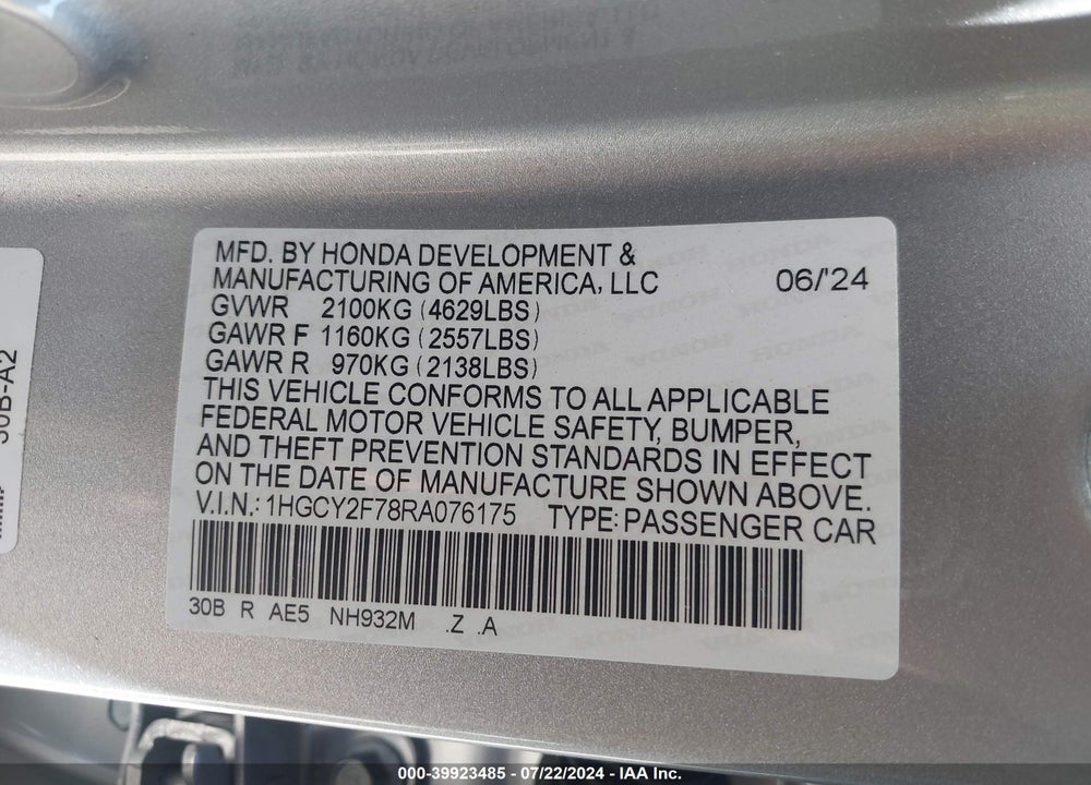 2024 HONDA ACCORD HYBRID SPORT-L VIN: 1HGCY2F78RA076175