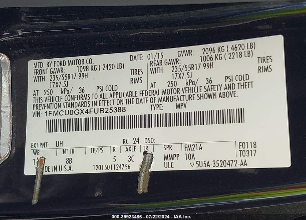 2015 FORD ESCAPE SE VIN: 1FMCU0GX4FUB25388