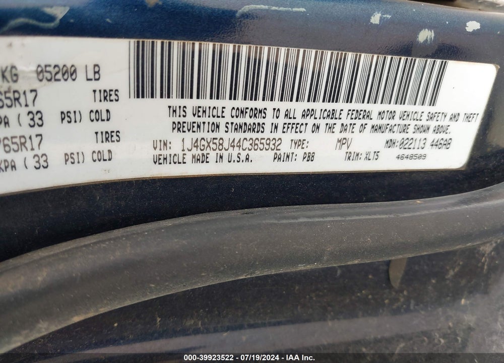 2004 JEEP GRAND CHEROKEE LIMITED VIN: 1J4GX58J44C365932