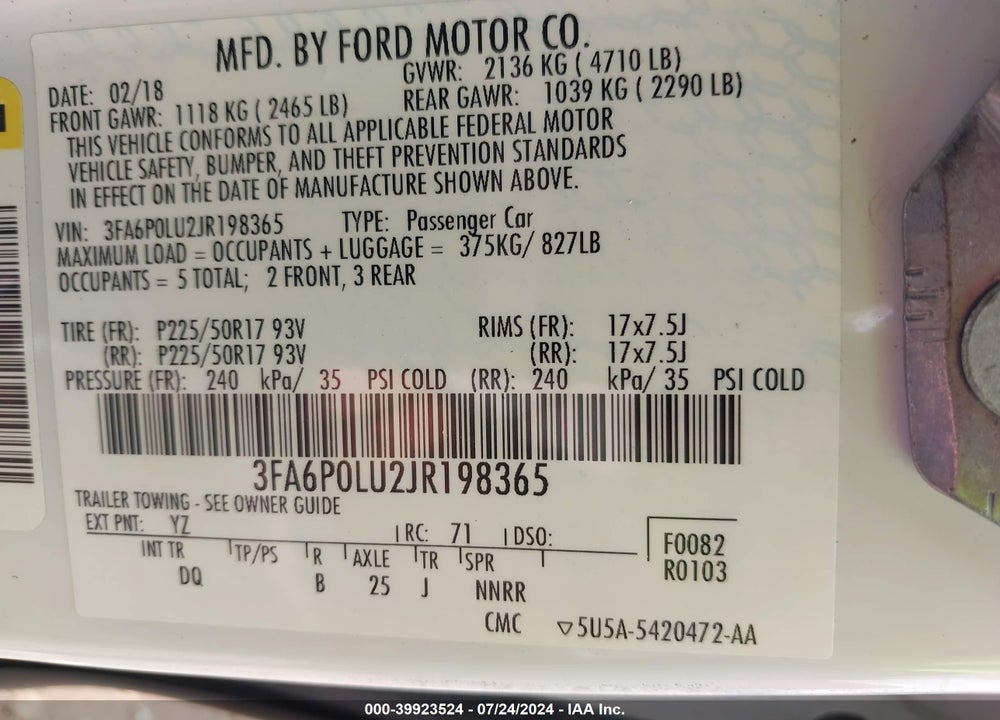 2018 FORD FUSION HYBRID SE VIN: 3FA6P0LU2JR198365