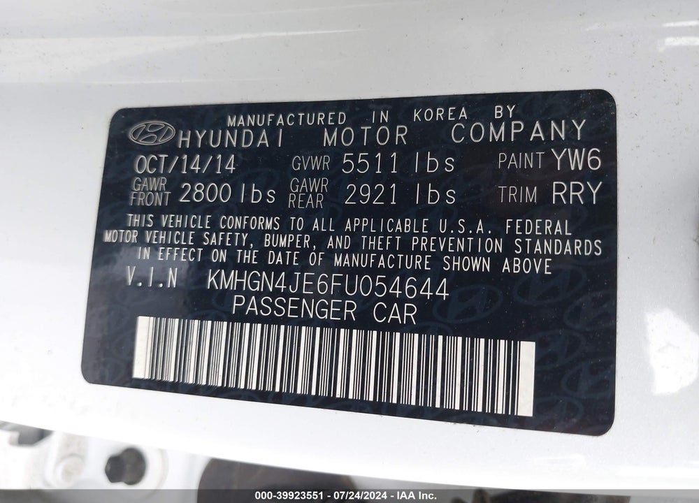 2015 HYUNDAI GENESIS 3.8 VIN: KMHGN4JE6FU054644