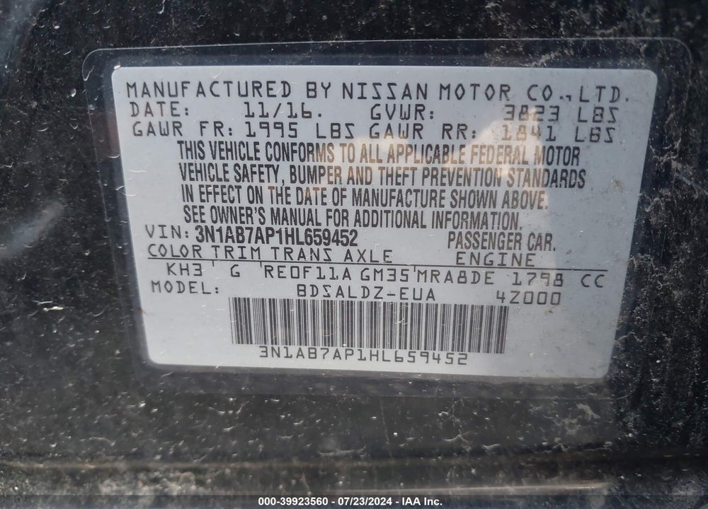 2017 NISSAN SENTRA SV VIN: 3N1AB7AP1HL659452