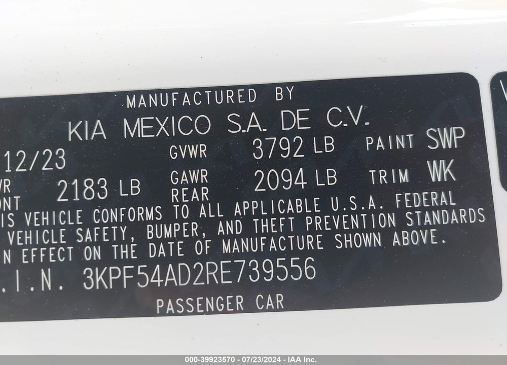 2024 KIA FORTE GT LINE VIN: 3KPF54AD2RE739556