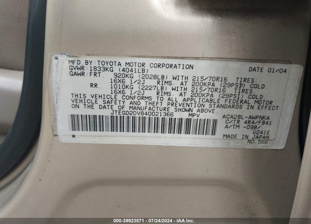2004 TOYOTA RAV4 VIN: JTEGD20V840021366