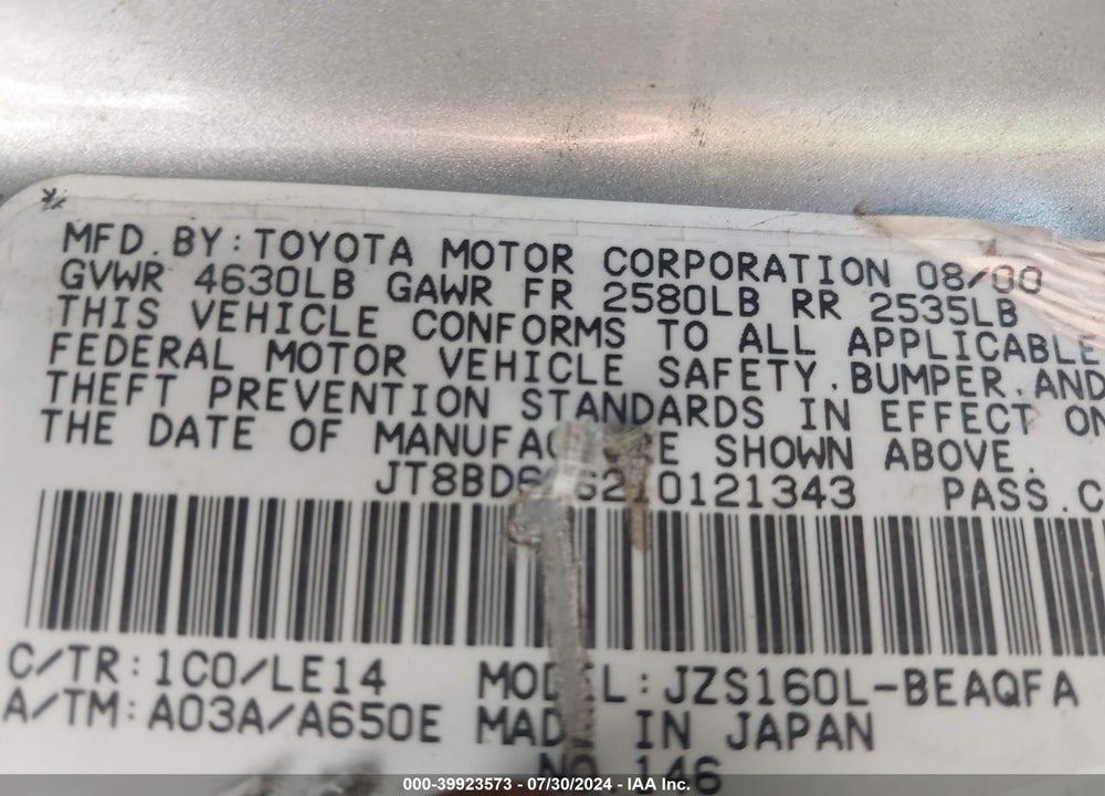 2001 LEXUS GS 300 VIN: JT8BD69S210121343