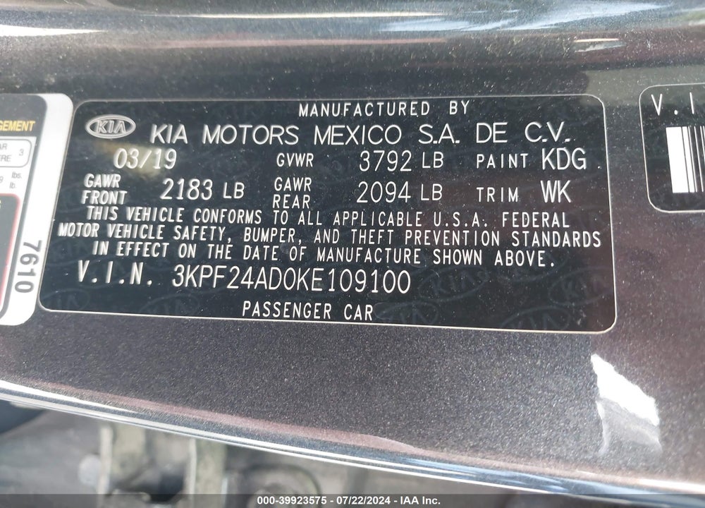 2019 KIA FORTE LXS VIN: 3KPF24AD0KE109100