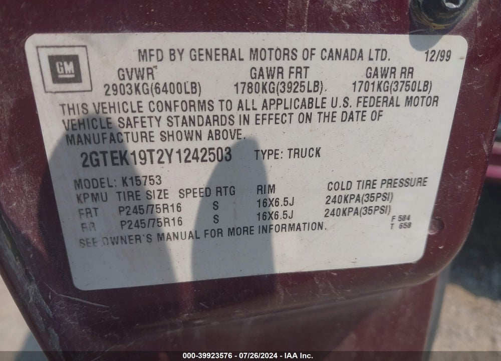2000 GMC SIERRA 1500 SLE VIN: 2GTEK19T2Y1242503