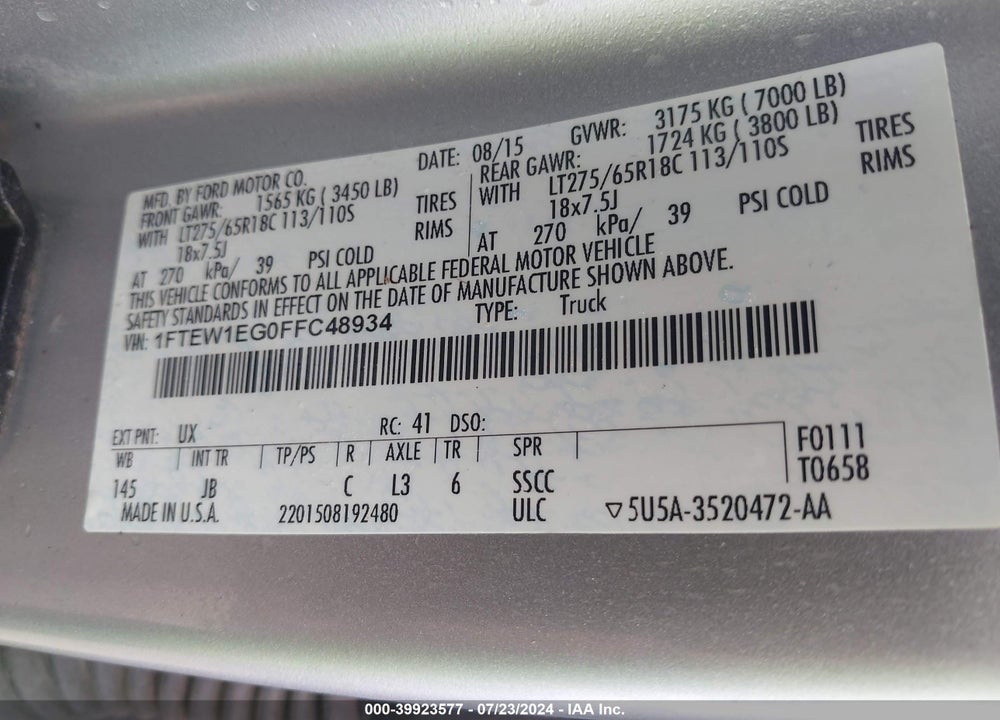 2015 FORD F-150 XLT VIN: 1FTEW1EG0FFC48934