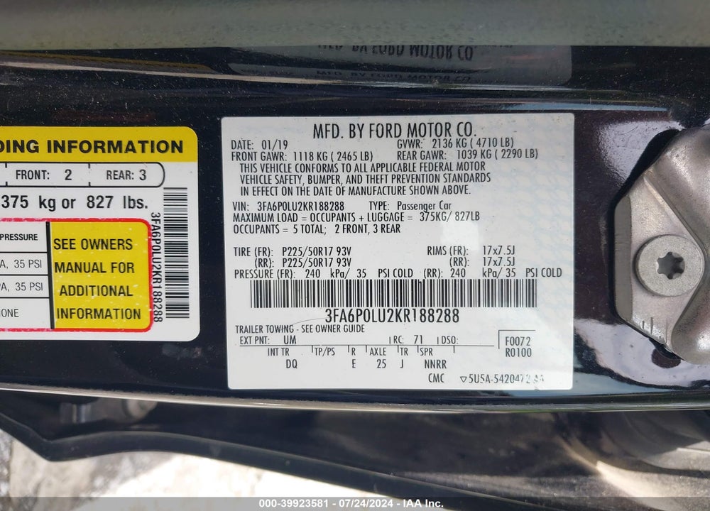 2019 FORD FUSION HYBRID SE VIN: 3FA6P0LU2KR188288