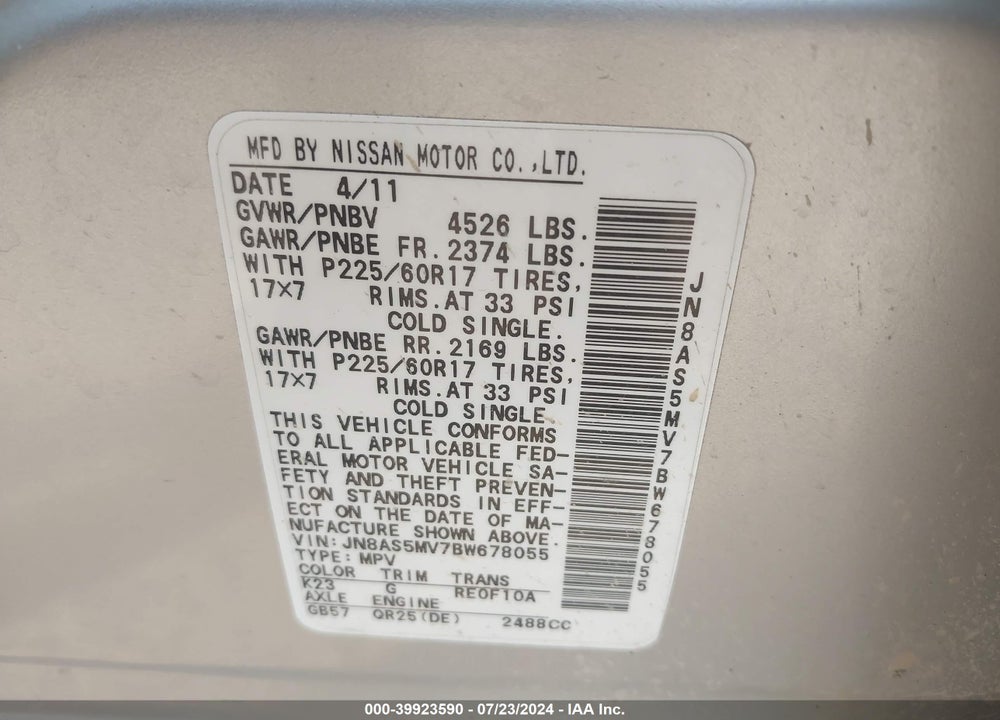 2011 NISSAN ROGUE VIN: JN8AS5MV7BW678055