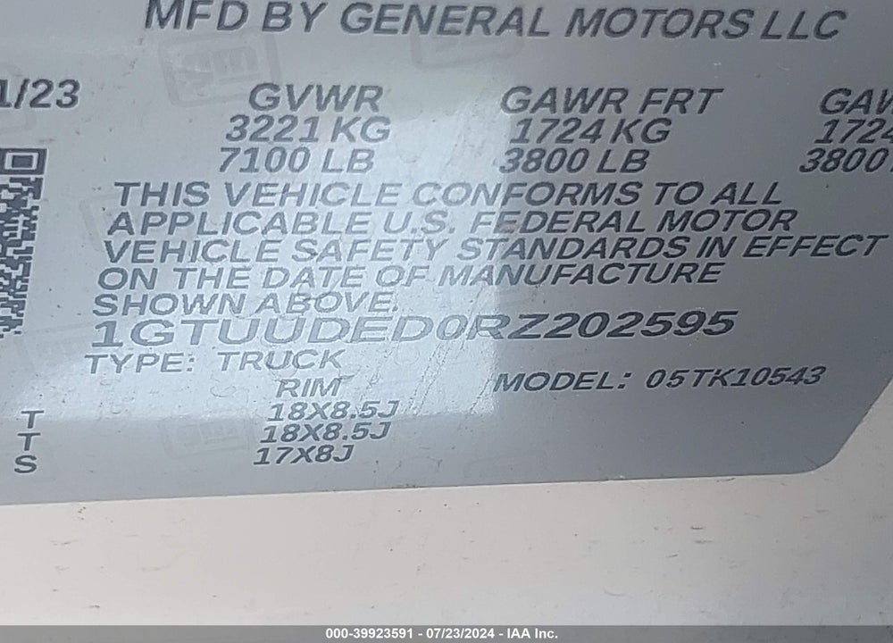 2024 GMC SIERRA 1500 SLT VIN: 1GTUUDED0RZ202595
