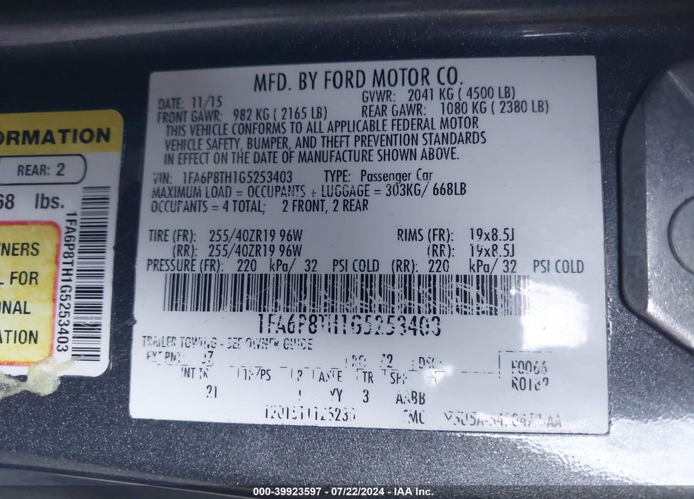 2016 FORD MUSTANG ECOBOOST VIN: 1FA6P8TH1G5253403