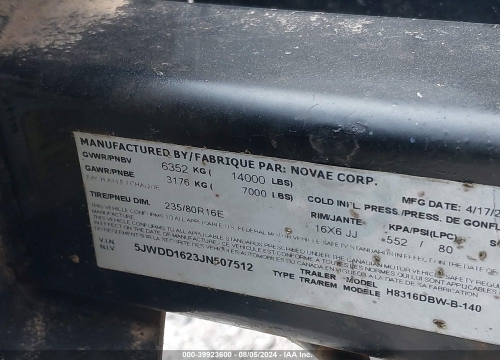 2018 H&H DUMP TRAIL VIN: 5JWDD1623JN507512
