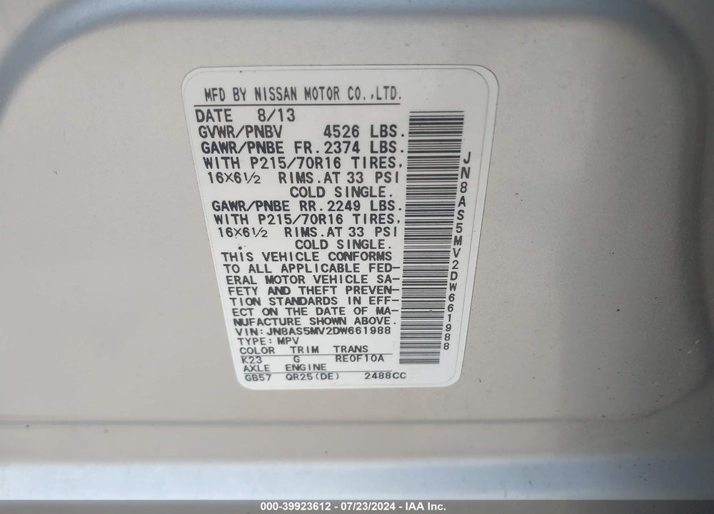 2013 NISSAN ROGUE S VIN: JN8AS5MV2DW661988