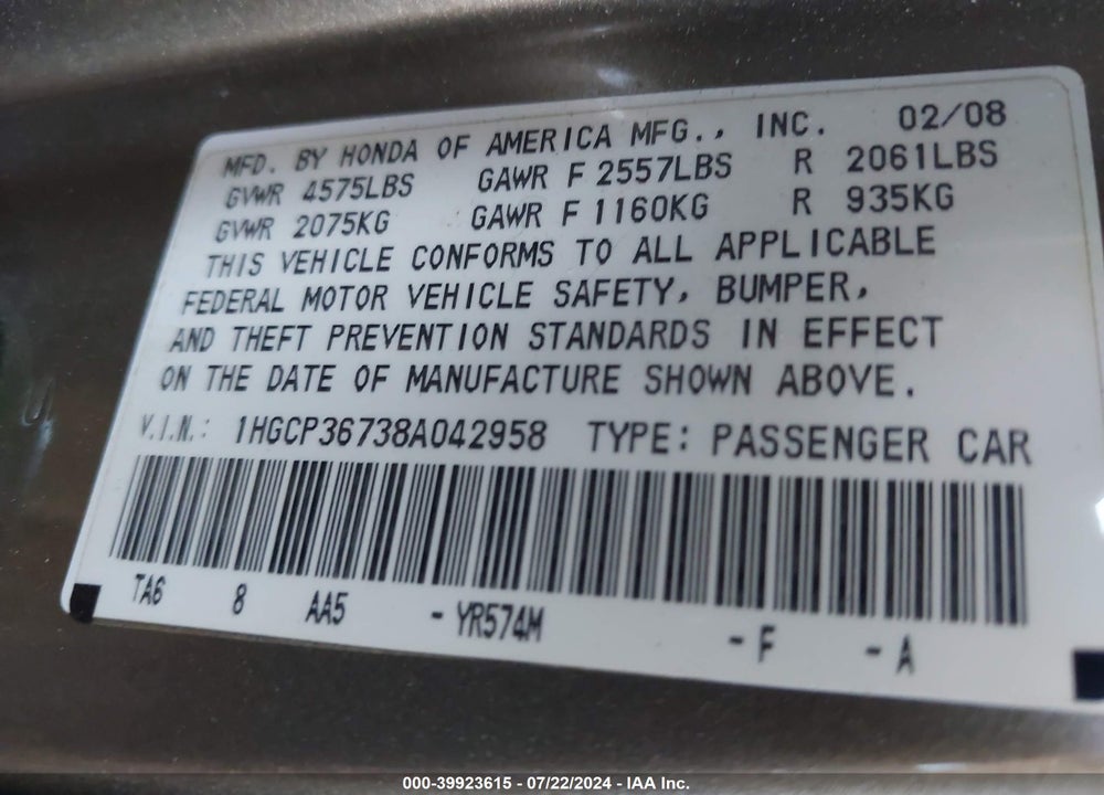 2008 HONDA ACCORD 3.5 EX VIN: 1HGCP36738A042958