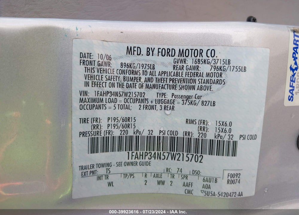 2007 FORD FOCUS S/SE/SES VIN: 1FAHP34N57W215702