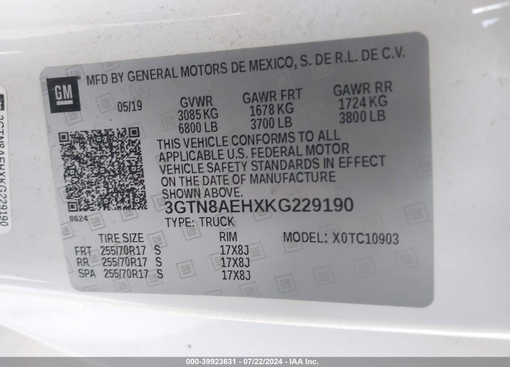 2019 GMC SIERRA 1500 VIN: 3GTN8AEHXKG229190