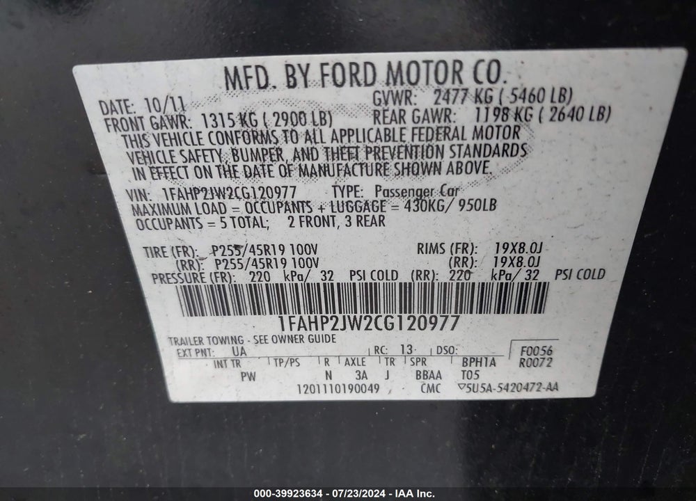 2012 FORD TAURUS LIMITED VIN: 1FAHP2JW2CG120977